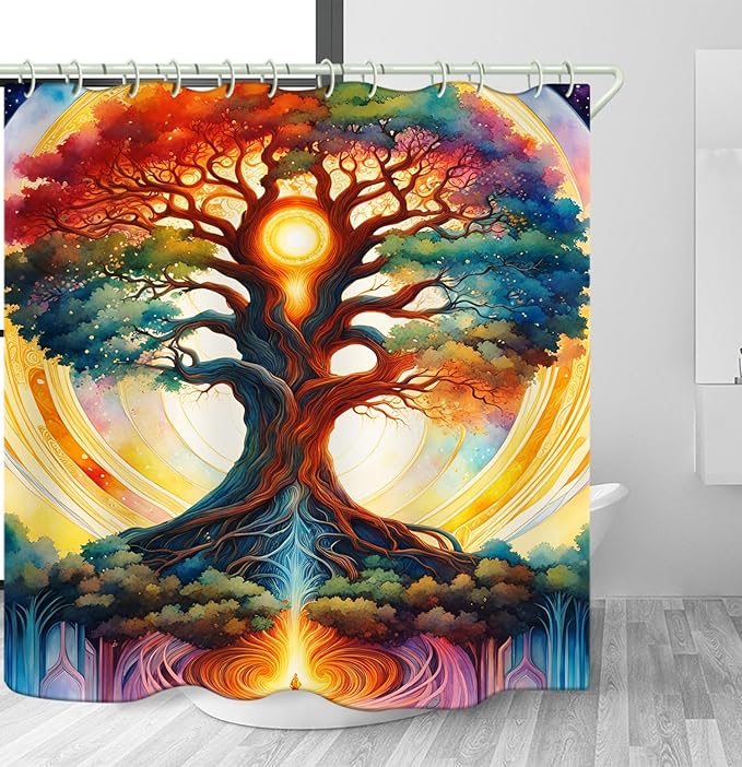 Shower Curtains, with The Theme of The Tree of Life and Bright Colors, Brings A Unique Artistic Atmosphere to The Bathroom. 72x79 Inch Fabric Shower Curtain Comes with 12 Hooks.