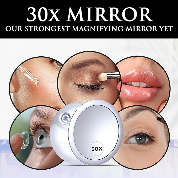 Mega-Powerful 30X Magnifying Makeup Mirror - Stick On, Ultra Portable Travel Cosmetic Mirror for Precise Makeup and Grooming, 6-inch (Chrome)