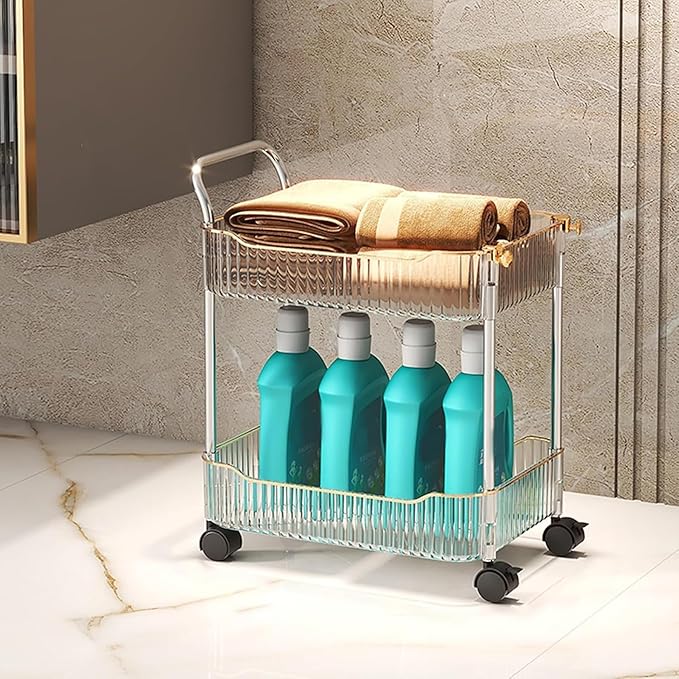 Acrylic Storage Trolley, Laundry Room Organization Mobile Shelves Bathroom Kitchen Rolling Utility Cart with Handle and Lockable Wheel(Clear,14.1x10.2x17.3inch)