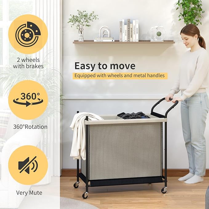 Laundry Hamper with Wheels,Laundry Basket with Removable and Washable Liner Bag, Metal-frame Laundry Cart with Handle for Bedroom, Bathroom, Dorm Room, Laundry Room (160L)