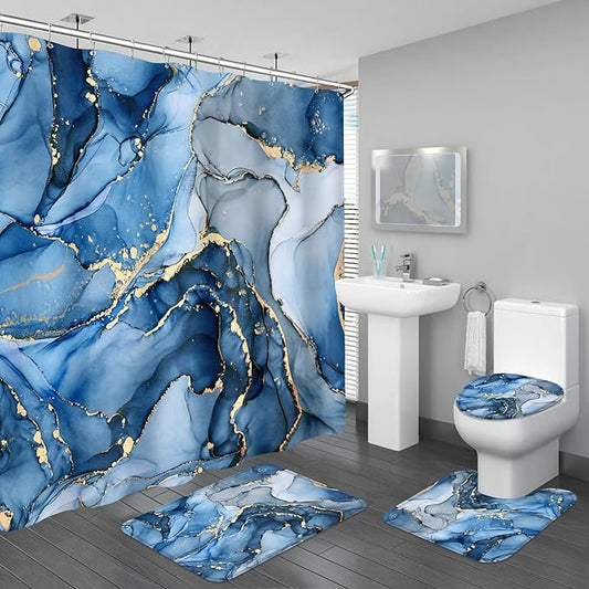 4PCS Blue Gold Marble Shower Curtain Sets with Rugs, Abstract Bathroom Sets with Shower Curtain and Rugs, Modern Bathroom Curtains Shower Set with Toilet Lid Cover for Luxury Bathroom Decor