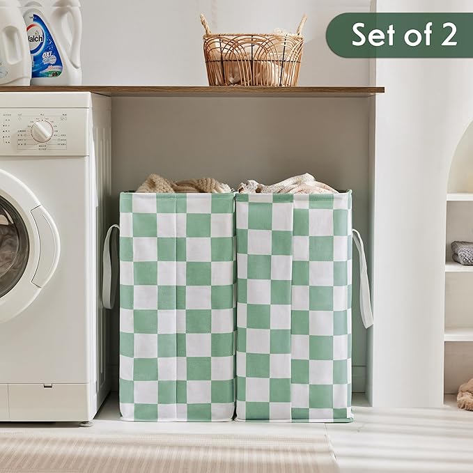 Ohocut Checkered Laundry Hamper, Pack of 2, Sage Green Aesthetic Cute Large Collapsible Cloth Hampers Basket for Storage Organization Cute Aesthetic, 2 x 75L