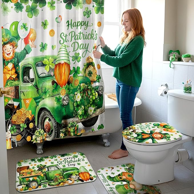 FuWeave 8 Pcs St. Patrick's Day Shower Curtain Sets for Bathroom Decor Shamrock Bathroom Accessories Irish Lucky Clover Green Shower Curtain Sets with Towels Carpet Bath Mat Toilet Rugs and 12 Hooks