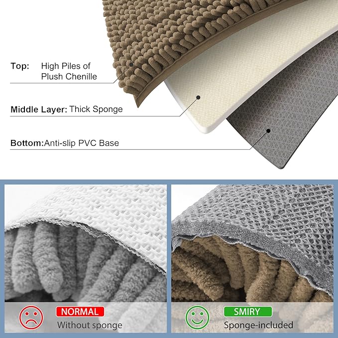 Smiry Luxury Chenille Bathroom Rugs 47x24, Extra Soft and Absorbent Shaggy Bath Mat, Machine Washable, Non-Slip Plush Carpet Runner for Tub, Shower, and Floor, Home Decor Accessories, Camel