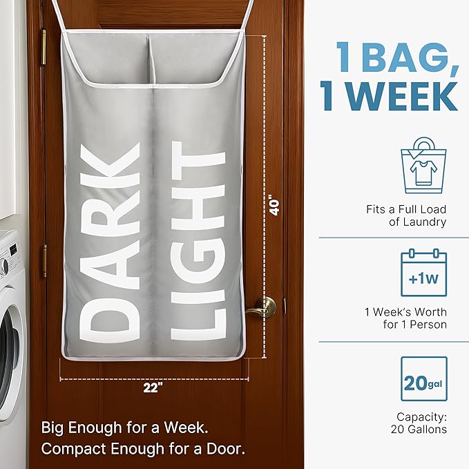 Hanging Laundry Hamper Bag XL 40x22", Space Saving over the Door Storage Bags, Behind the Door Hampers for Dirty Clothes & Wall Mounted Basket for Bathroom, Organizer for Small Room Spaces RV