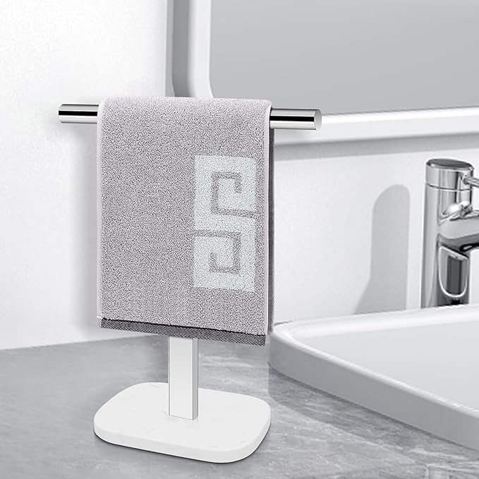 NearMoon T-Shape Hand Towel Holder-Bath Towel Rack-Standing with Balanced Base Towel Bar for Bathroom Kitchen Vanity Countertop, Modern Stand Towel Ring with Marble Base (14 Inch, Chrome)