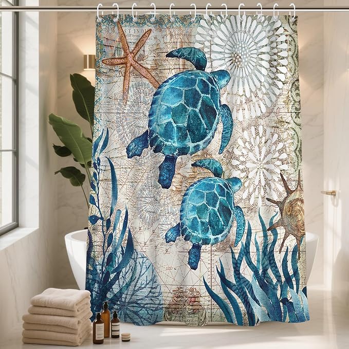 Sea Turtles Nautical Ocean Beach Bathroom Sets with Starfish Coral Shower Curtain and 20 x 31 Rugs Bathroom Accessories Sets Decor with Bath Rug, Bath Mat, U-Shaped Contour and Hooks 72 x 72 Inch
