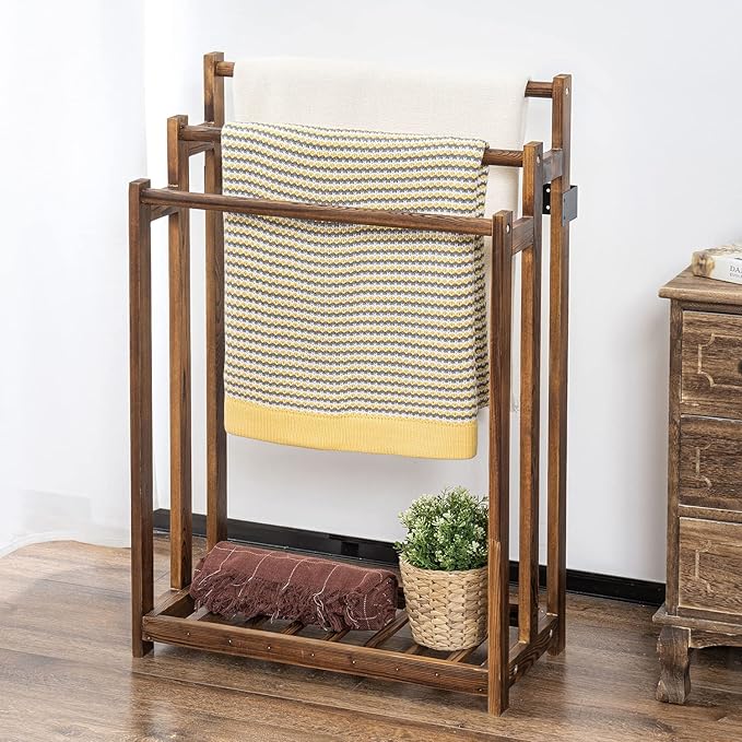 MyGift Free Standing Towel Rack, Wooden 3-Tier Quilt Rack, Bath Towel Drying Stand, Blanket Holder with Bottom Storage Shelf, for Bathroom, Living Room, Rustic Dark Brown