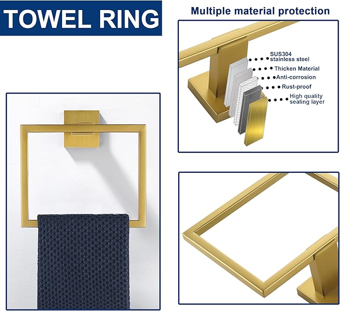 5 Pieces Bathroom Hardware Accessories Set Brushed Gold, 24Inch Bathroom Towel Rack Set SUS304 Stainless Steel, Square Bath Towel bar Set Wall Mounted, Heavy Duty