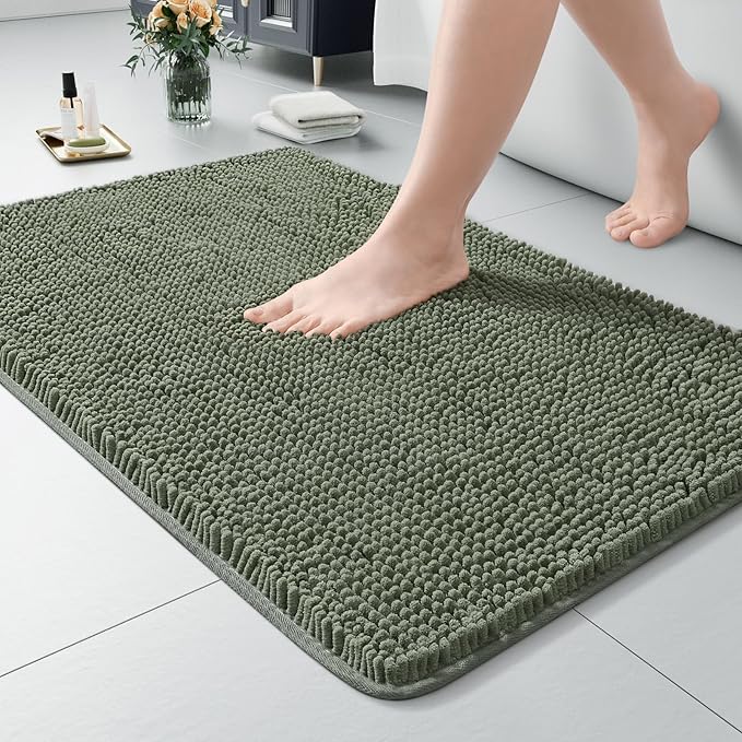 LOCHAS Luxury Bathroom Rug Shaggy Bath Mat 24 x 36 Inch, Washable Non Slip Bath Rugs for Bathroom Shower, Soft Plush Chenille Absorbent Carpets Mats, Sage Green