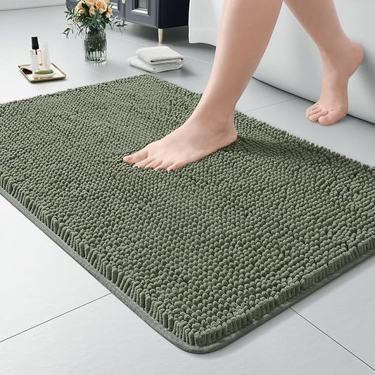 LOCHAS Luxury Bathroom Rug Shaggy Bath Mat 24 x 36 Inch, Washable Non Slip Bath Rugs for Bathroom Shower, Soft Plush Chenille Absorbent Carpets Mats, Sage Green