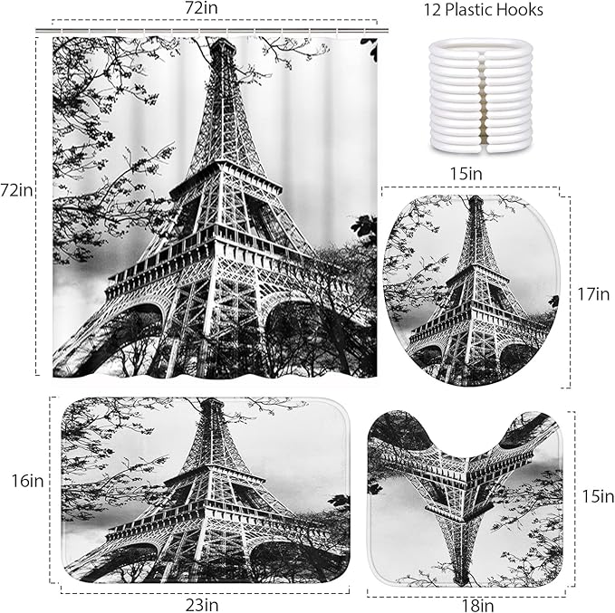 Britimes 4 Piece Shower Curtain Sets, with 12 Hooks, Eiffel Tower Paris Iron Black with Non-Slip Rugs, Toilet Lid Cover and Bath Mat, for Bathroom Decor Set, 72" x 72"