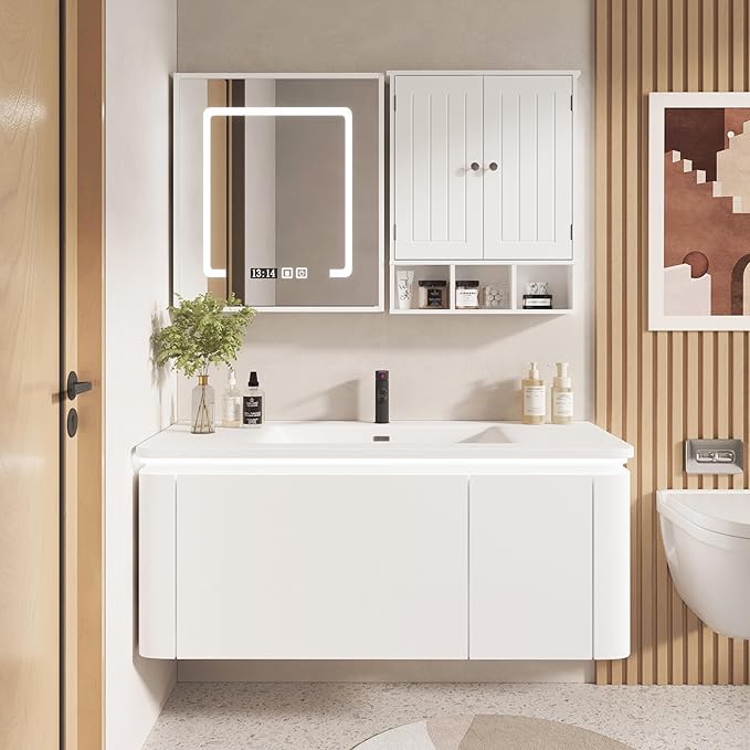 Bathroom Medicine Cabinet 2 Doors with 3 Open Shelves, Over The Toilet Storage Wall Mounted Medicine Cabinet with Adjustable Partitions，Home Cabinet for Bathroom,Living Room,Kitchen,White
