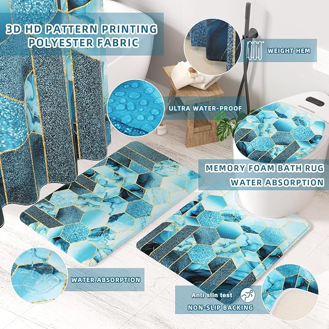 XLHOMO Bathroom Set - 26PC Bathroom Set with Shower Curtain and Rugs, Bathroom Accessory Set, Teal Bathroom Accessories Set, Trash Can & Soap Dispenser