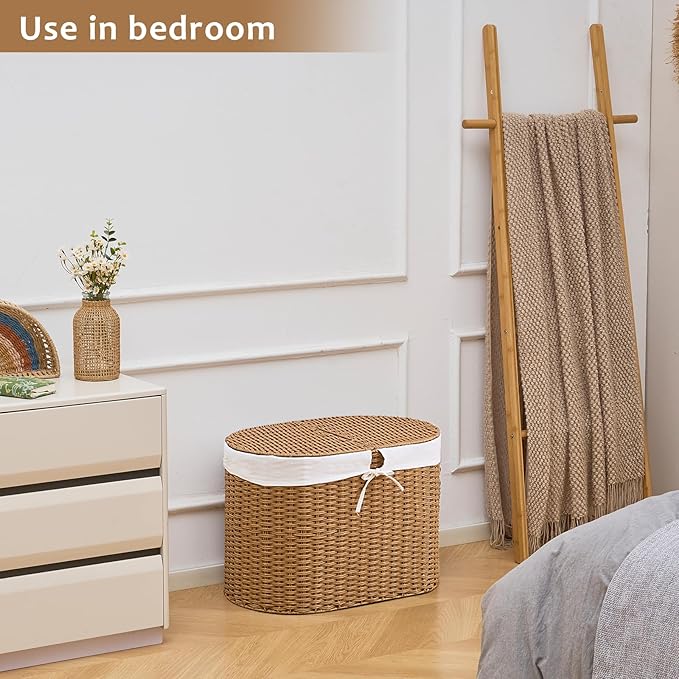 Laundry Hamper with Lid, 70L Handwoven Rattan Clothes Hamper with Removable Liner Bags, 2 Section Wicker Laundry Basket for Bedroom, Laundry Room and Bathroom(Rattan, 70L)