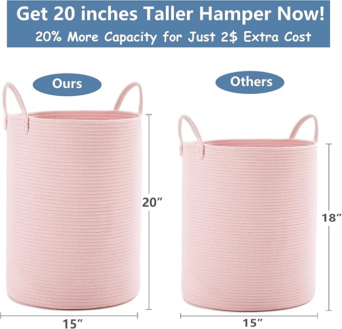 Large Pink Laundry Basket 15x20 Inches, 60L Woven Rope Hamper for Baby Girls and Kids, Nursery Storage Bin for Girls Room, Kawaii Bedroom Laundry Hamper