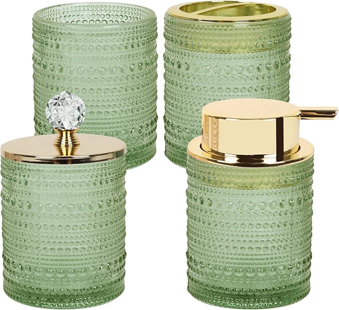 FEILANDUO Bathroom Accessories Set,4Pcs Glass Bathroom Accessories,Vanity Bathroom Decor, Soap Dispenser, Toothbrush Holder Set, Apothecary Jar, Gift for Home Apartment (Green A)