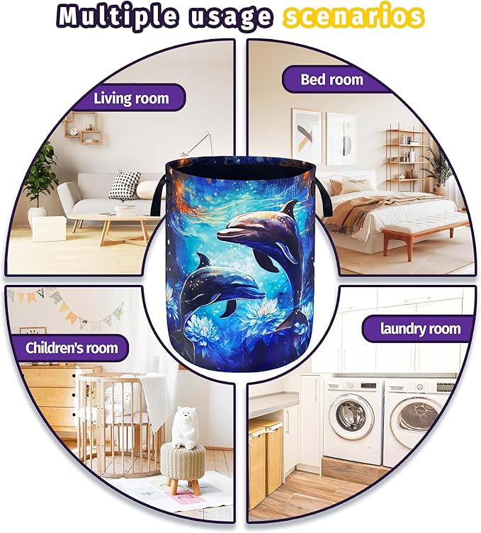 Dolphin Lotus Laundry Basket Ocean Foldable Oxford Cloth With Handle Portable Fish Storage Basket Organizer Suitable For Laundry Room/Living Room/Bedroom/Children'S Room (18.9 X 16.5 Inch)