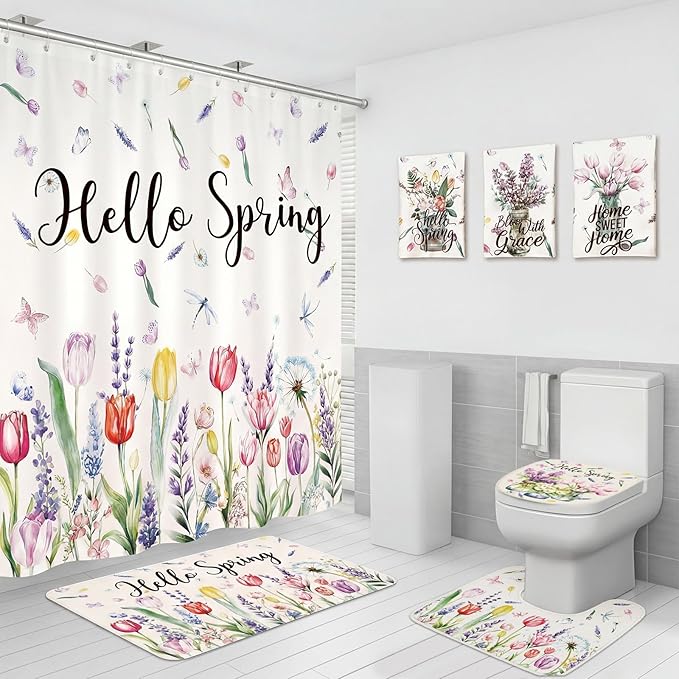 Drydiet 7 Pcs Spring Floral Shower Curtain Set Hello Spring Tulip Design with Non-Slip Rugs Bath Towels U-Shaped Mat Toilet Lid Cover and 12 Hooks 71x71 Inch Waterproof for Home Bathroom Decor