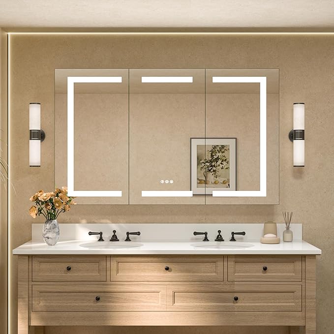 TETOTE 48 x 32 Lighted Medicine Cabinet with LED Lights, 3 Door Recessed or Wall Mount Bathroom Cabinet, Led Vanity Cabinet Mirror, Tempered Glass, Outlets & USB, Adjustable Shelf, 3-Color Lights