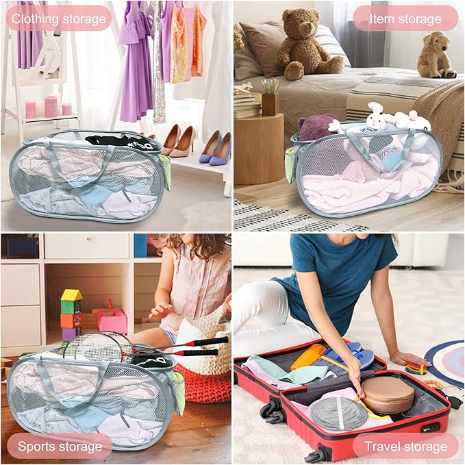 4 PCS Mesh Laundry Hamper,Collapsible Laundry Baskets,75L Large Foldable Dirty Clothes Hamper Storage Basket Horizontal with Side Pocket&carry Handle for Home,Travel grey