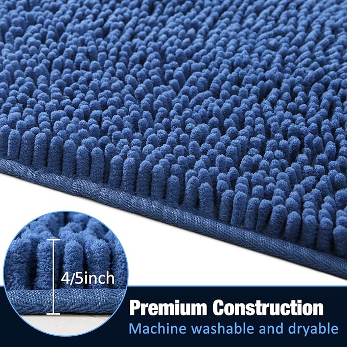 LOCHAS Luxury Bathroom Rug Shaggy Bath Mat 24 x 36 Inch, Washable Non Slip Bath Rugs for Bathroom Shower, Soft Plush Chenille Absorbent Carpets Mats, Blue