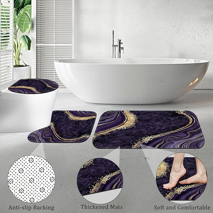 4PCS Purple Gold Marble Shower Curtain Sets with Rugs, Abstract Bathroom Sets with Shower Curtain and Rugs, Modern Bathroom Curtains Shower Set with Accessories for Bathroom Decor