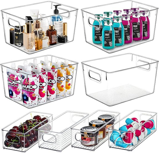 Clear Storage Bins 8 Pack for Pantry Organizers, 4 Large Plastic Pantry Organizer Bins and 4 Small Stackable Storage Containers for Kitchen Cabinet, Home Edit, Freezer Fridge Organizer