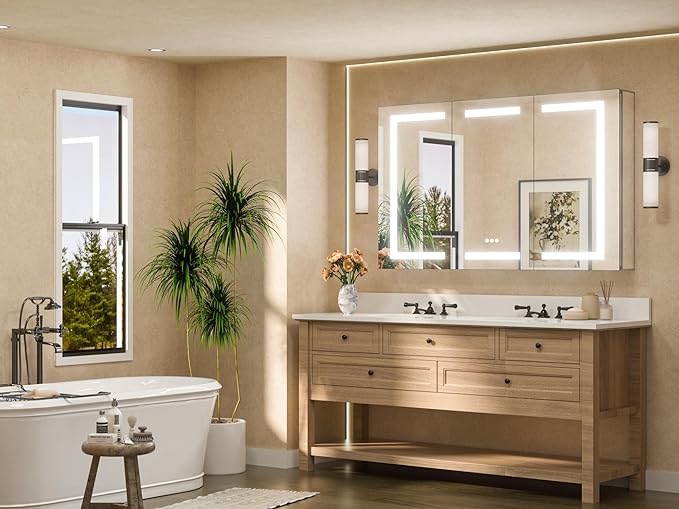 TETOTE 48 x 32 Lighted Medicine Cabinet with LED Lights, 3 Door Recessed or Wall Mount Bathroom Cabinet, Led Vanity Cabinet Mirror, Tempered Glass, Outlets & USB, Adjustable Shelf, 3-Color Lights