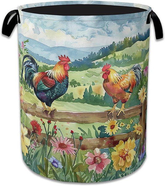 Rooster Laundry Hamper Farm Floral Laundry Basket Collapsible Portable Clothes Toy Storage Bin for Bathroom Bedroom Room Decor 16 X 20.8 Inch