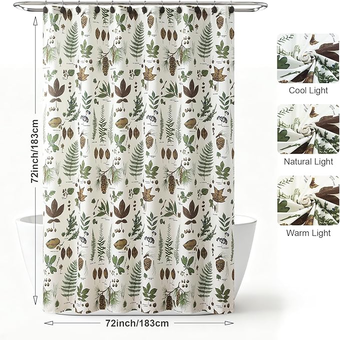 Green Brown Beige Pinecone Shower Curtain, Boho Pine Cones Leaf Plant Fabric Shower Curtain, Waterproof Rustic Cabin Decorative Botanical Bathroom Curtains, 72" W x 72" H