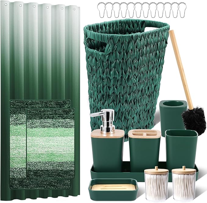 XLHOMO Dark Green Bathroom Accessories Set with Wicker Trash Can Shower Curtain and Rugs,Bathroom Sets Small Waste Basket Bathroom Trash Can for Bedroom Bathroom