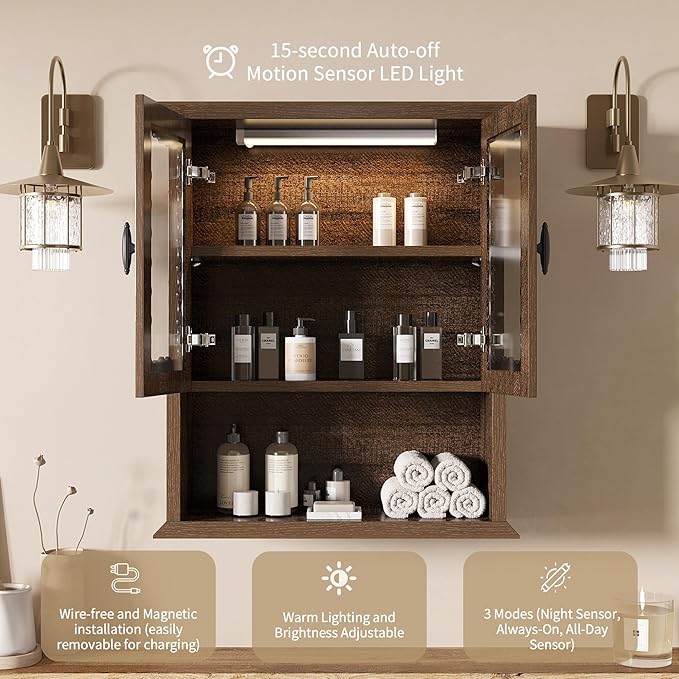 CJL Bathroom Wall Cabinet with Motion Sensor Led Light, Over The Toilet Storage Cabinet, 18.9'' x 23.6'' Medicine Cabinet of Mid-Century Modern Design with Acrylic Door, Brown