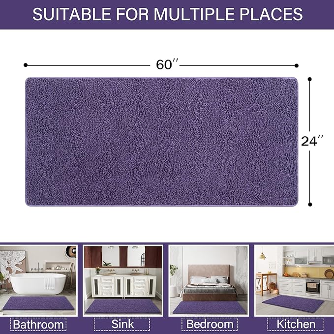 LOCHAS Luxury Bathroom Rug Shaggy Bath Mat 24 x 60 Inch, Washable Non Slip Bath Rugs for Bathroom Shower, Soft Plush Chenille Absorbent Carpets Mats, Dark Purple