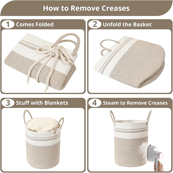 80L Large Woven Laundry Basket Hamper, 100% Natural Cotton Rope, Handwoven & Durable, Storage for Blankets, Toys, Clothes, Nursery Hamper for Living Room, Baby Room, Bedroom (Brown with White)