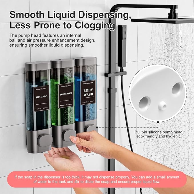 Shampoo and Conditioner Dispenser – Wall-Mounted Shower Soap Dispenser, No-Drill Installation, Lockable, 900 ml Capacity,for Bathroom & Hotel or Airbnb (Gun Gray, 3-Pack)