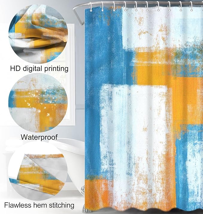 Lnond 4Pcs Bathroom Shower Curtain Sets with Rugs,Blue Orange Painting Art Bathroom Sets with Shower Curtain and Rugs and Accessories