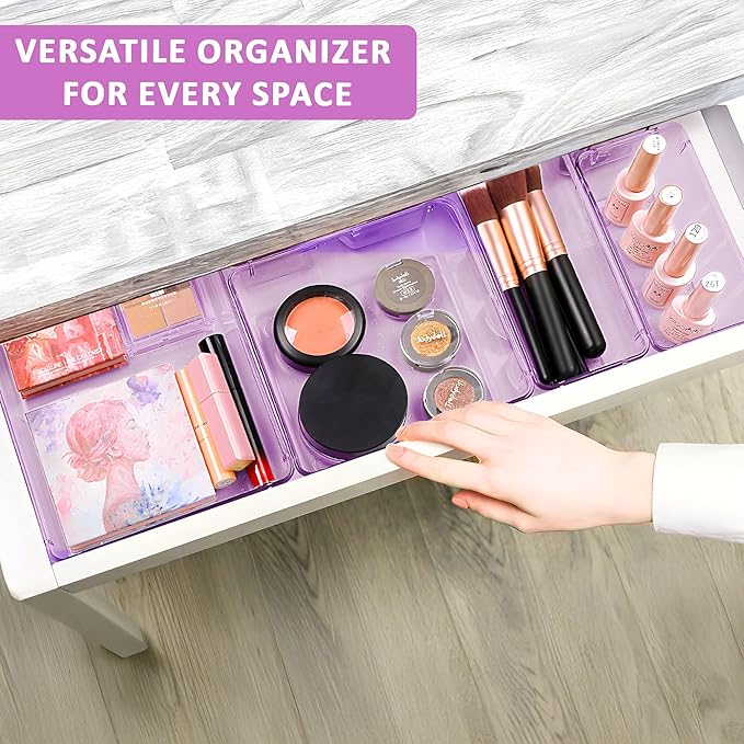 Kuber Industries 4 Pcs Acrylic Transparent Cosmetic Organizer Tray | Drawers Organisers for Kitchen, Office and Bathroom Vanity Makeup | Stationery Storage Drawer Divider Tray | Purple