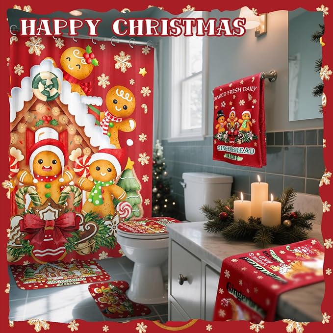 FuWeave 8 Pcs Christmas Shower Curtain Set Xmas Santa Bathroom Decoration Christmas Tree Hand Towels Snowman Toilet Lid Cover Bathroom Rugs Xmas Shower Curtain with Hooks(Gingerbread Man)