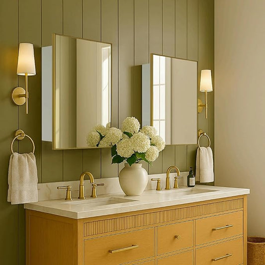 TEHOME 20'' x 30'' Brushed Gold Recessed and Surface Mount Bathroom Medicine Cabinet with Mirror Brushed Gold Square Cornered Metal Framed Rounded Rectangle Medicine Cabinet Mirror