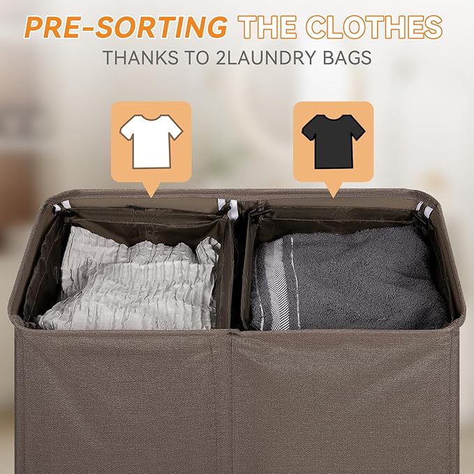 Chrislley 140L Laundry Hamper 2 Section, Double Laundry Basket with Lid, Large Dirty Clothes Hamper with Removable Liner Bags, Collapsible Laundry Organizer for Bedroom, Dorm,Brown