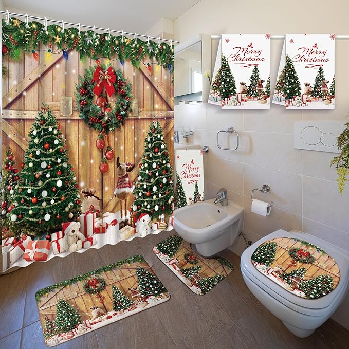 Nuanchu 6 Pcs Christmas Shower Curtain Set with Rug Bathroom Sets with Shower Curtain Bath Mat U Shaped Mat Toilet Lid Cover 2 Bath Towels and 12 Hooks Christmas Tree Bathroom Decor