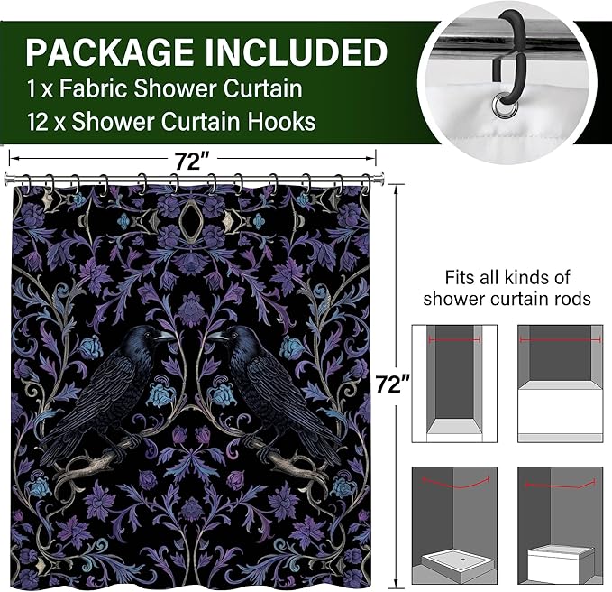 Gothic Black and Purple Crow Shower Curtain,Witchy Raven and Flower Shower Curtains Waterproof Polyester,Funny Dark Academia Floral Bathroom Decor Accessories,72x72 in