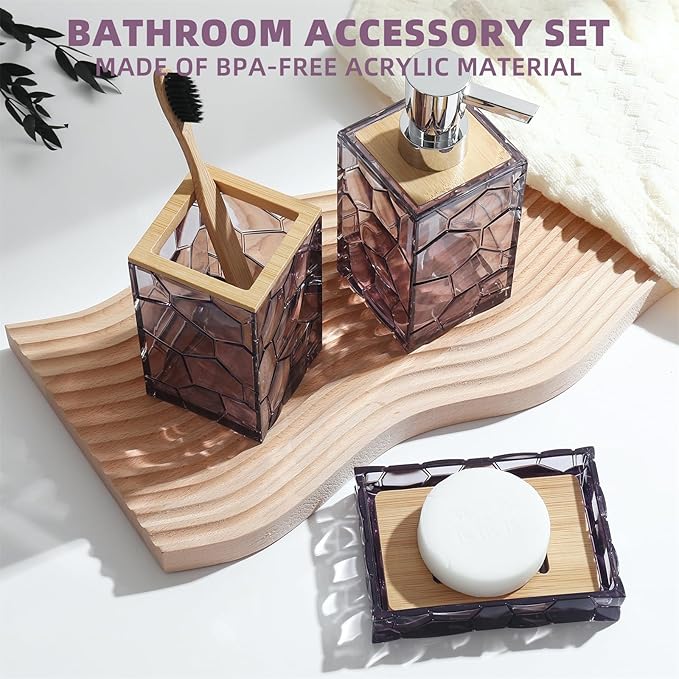 GAHEFY Lavender Purple Bathroom Accessories Set, Toothbrush Holder, Soap Dispenser, Cotton Swabs Holder, Soap Dish, Toilet Brush with Holder, Bamboo Bathroom Decor,Acrylic (Purple)