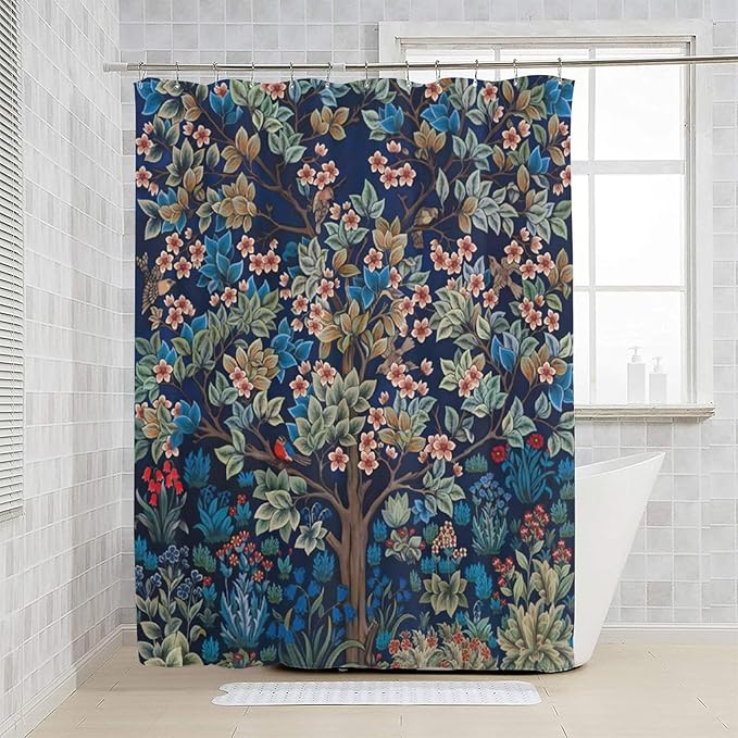 William Morris Floral Shower Curtain,Watercolor Vintage Flower Art Style Shower Curtain Set 66"×72" Inch