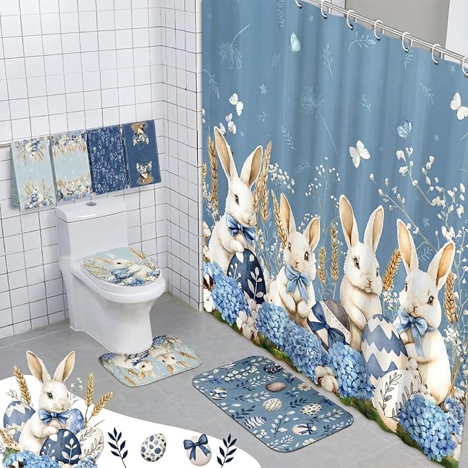 FuWeave 8 Pcs Easter Shower Curtain Set for Bathroom Decor Include Spring Floral Blue Bunny Egg Shower Curtain Hydrangea Towels Non Slip Rugs Toilet Lid Cover Bath Mat and 12 Hooks for Bathroom Decor