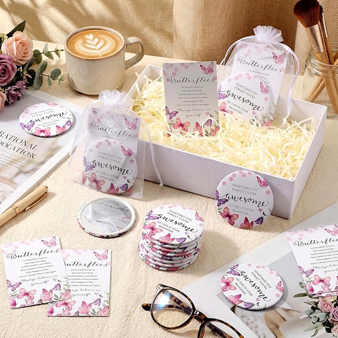 25 Set Mother's Day Inspirational Compact Mirror Religious Bulk Gift for Women Christian Mini Makeup Pocket Mirror Administrative Professional Gift with Card for Volunteer Employee Teacher (Butterfly)