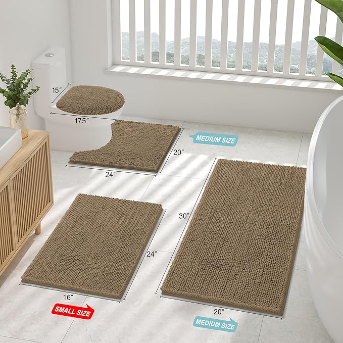 Smiry Luxury Chenille Bathroom Rugs 48x32, Extra Soft and Absorbent Shaggy Bath Mat, Machine Washable, Non-Slip Plush Carpet Runner for Tub, Shower, and Floor, Home Decor Accessories, Camel