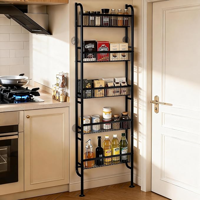 Behind The Door Narrow Bookshelves Pantry Spice Rack 5-Tier Slim Metal Space-Saving Organizer for Bathroom Closet Kitchen Living Room Sturdy Room Laundry Room, Black