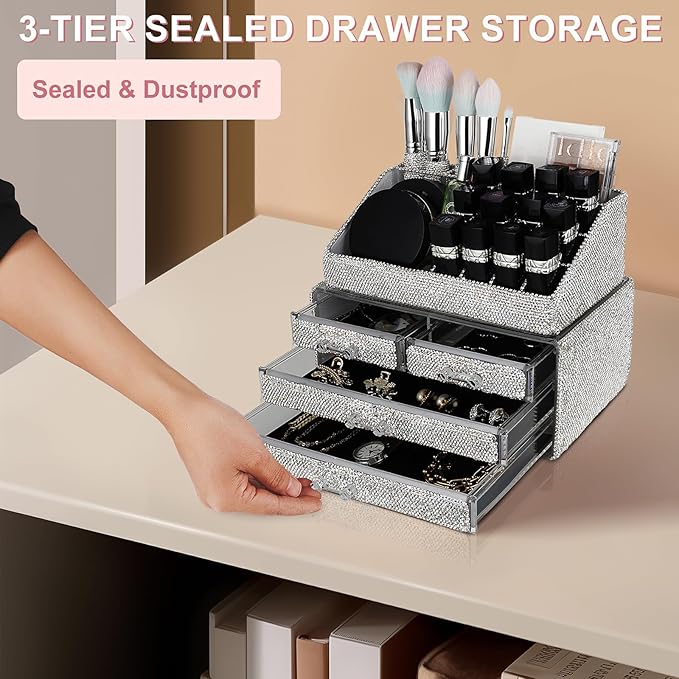 KEYPOWER Makeup Organizers Drawer Bling Diamond,Countertop Jewelry Cosmetic Storage Display Boxes,Makeup Brush Holder,2 Pieces Set(Purely Handmade) (White A)
